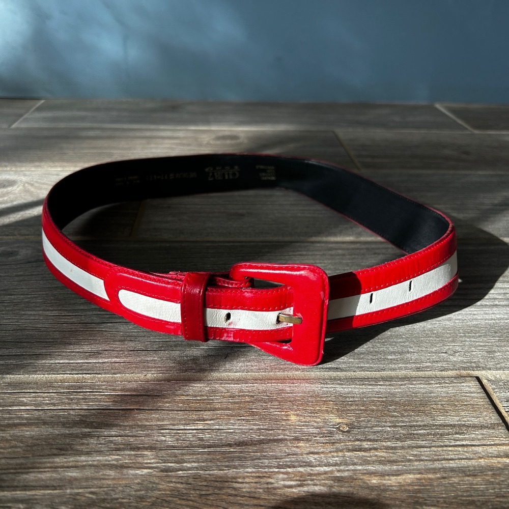 Vintage‎ Club 7 Echo Red White Genuine Leather 80's 90's Medium Belt